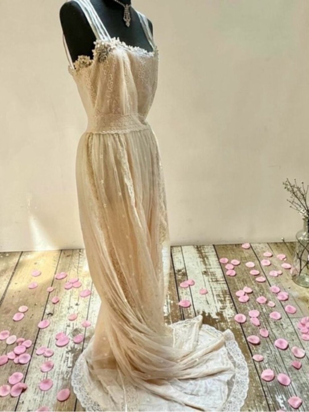 Romantic Cream Lace Bridal Gown with Sheer Overlay - Picture 3 of 8